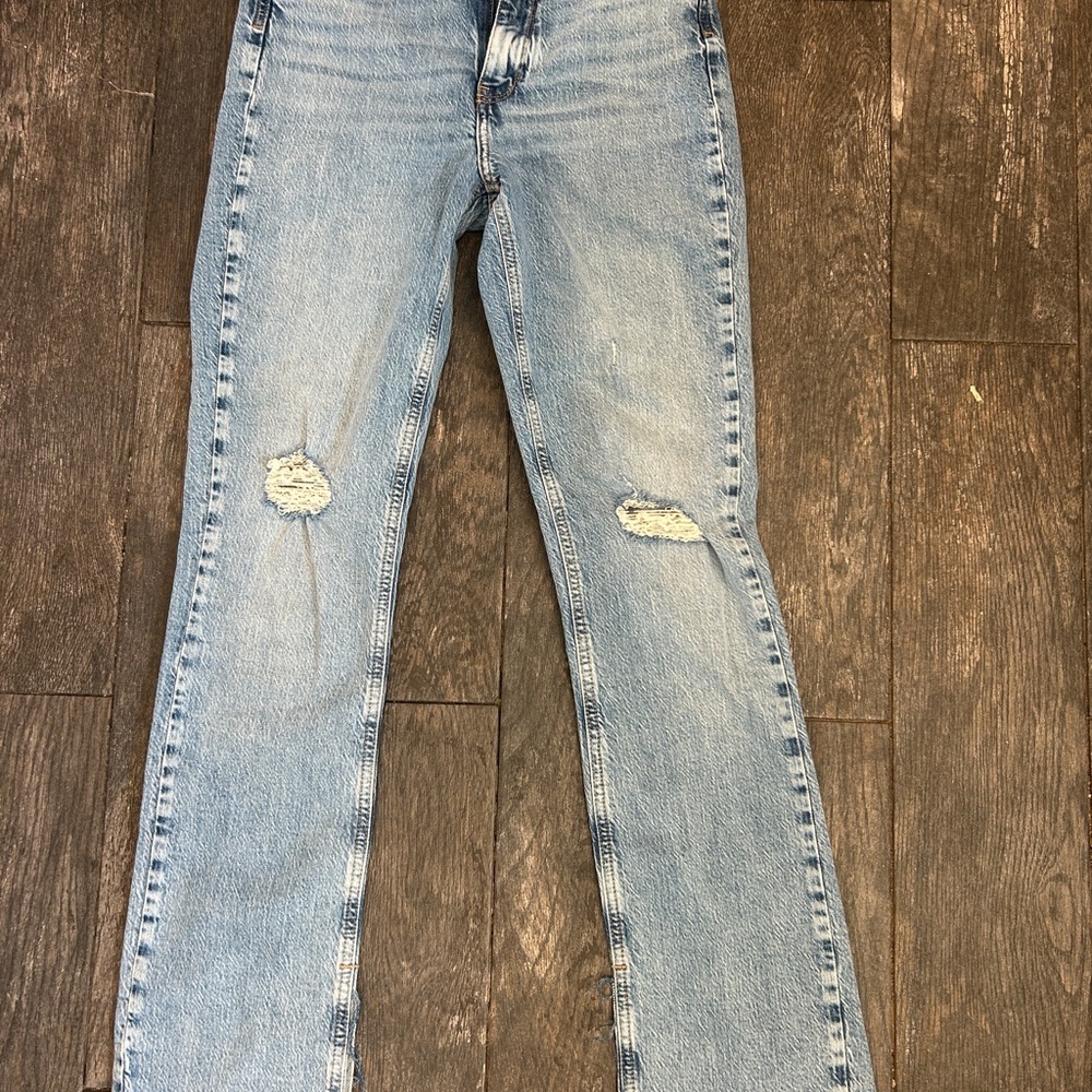 Zara Light Blue Women's Distressed Straight-Leg Jeans Split at the ankles